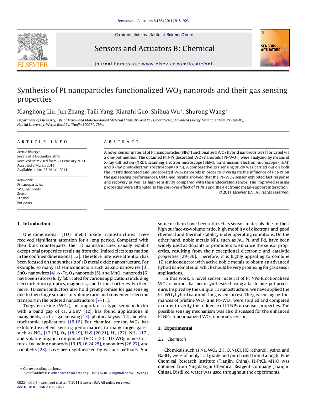 Synthesis of Pt nanoparticles functionalized WO3 nanorods and their gas sensing properties