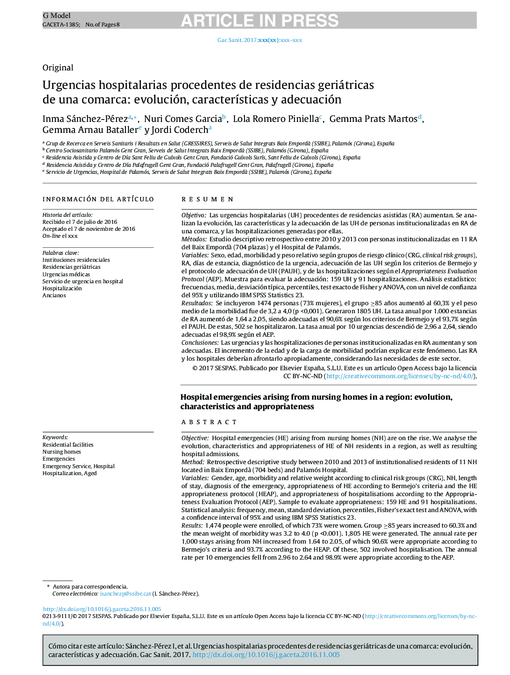 Urgencias hospitalarias procedentes de residencias geriátricas de una comarca: evolución, caracterÃ­sticas y adecuación