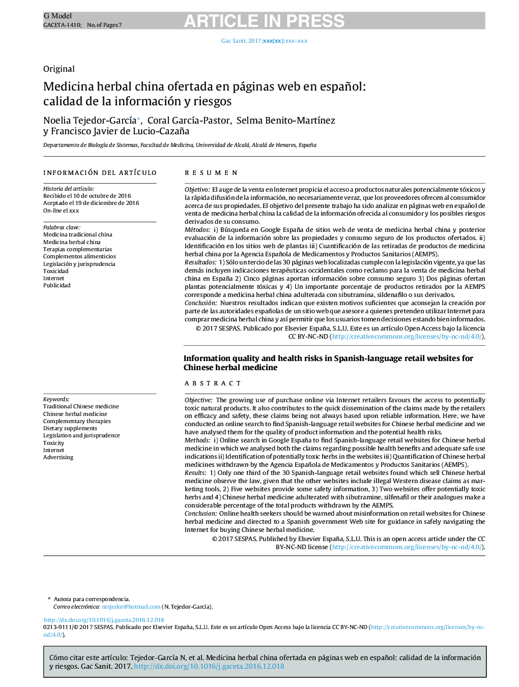 Medicina herbal china ofertada en páginas web en español: calidad de la información y riesgos