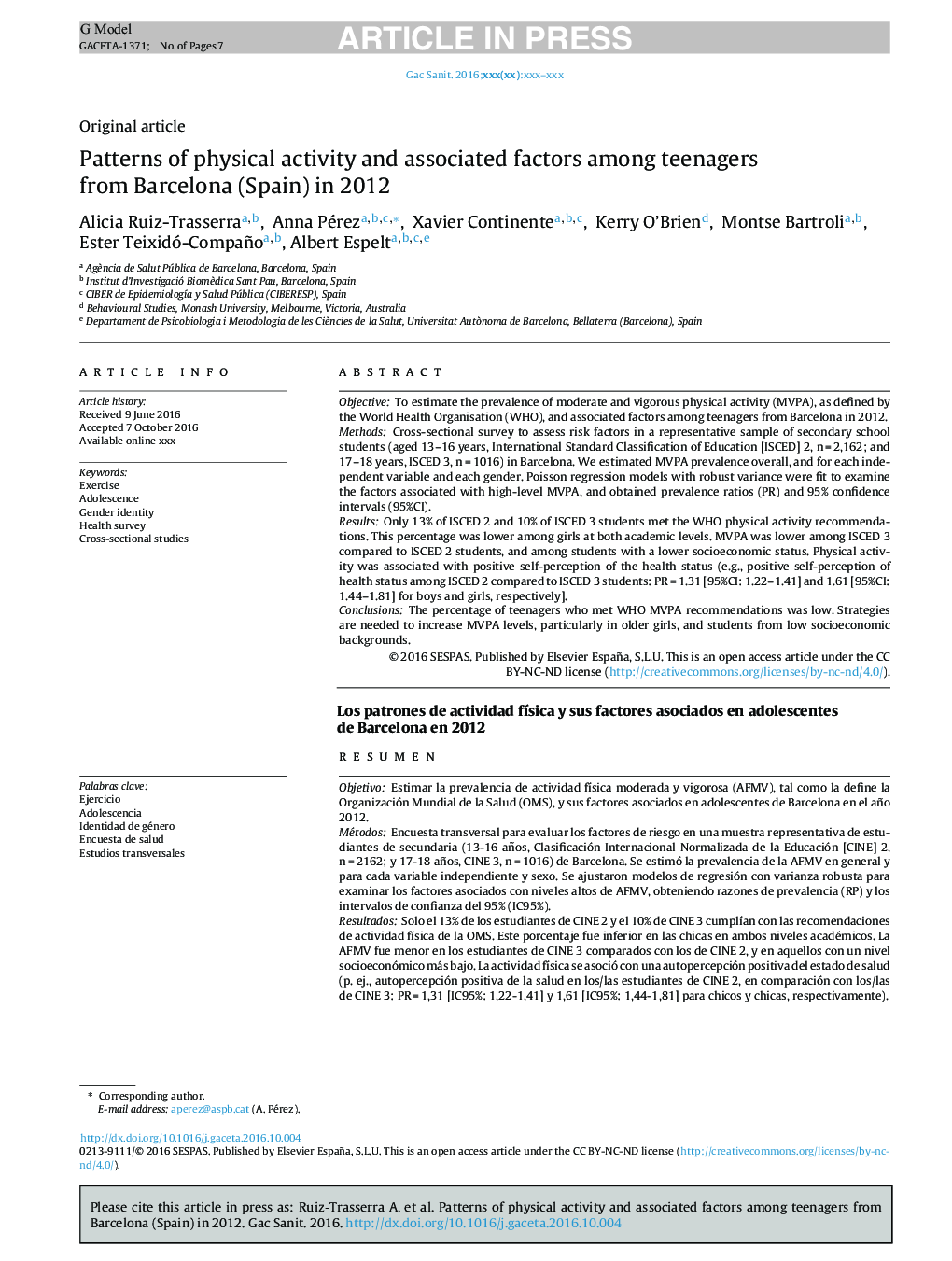 Patterns of physical activity and associated factors among teenagers from Barcelona (Spain) in 2012