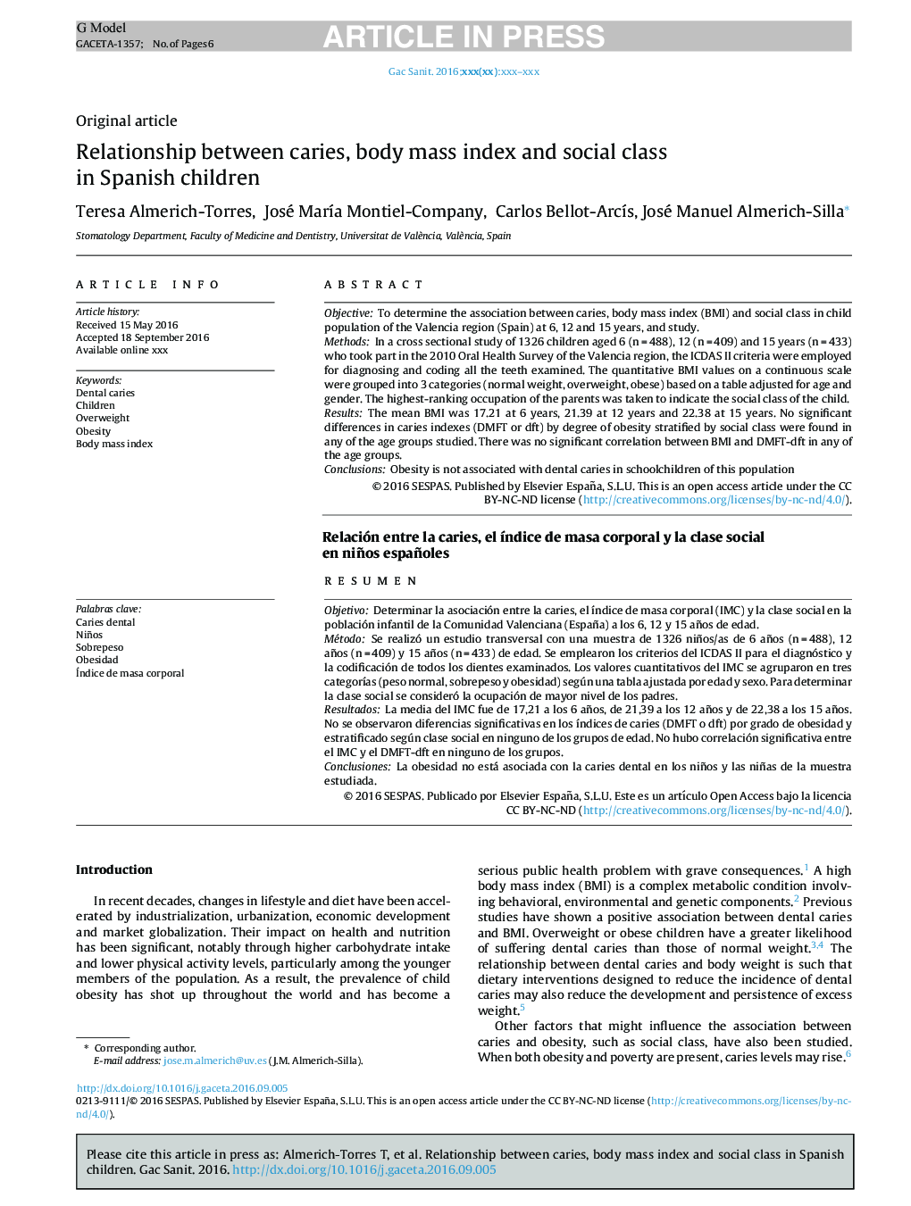 Relationship between caries, body mass index and social class in Spanish children