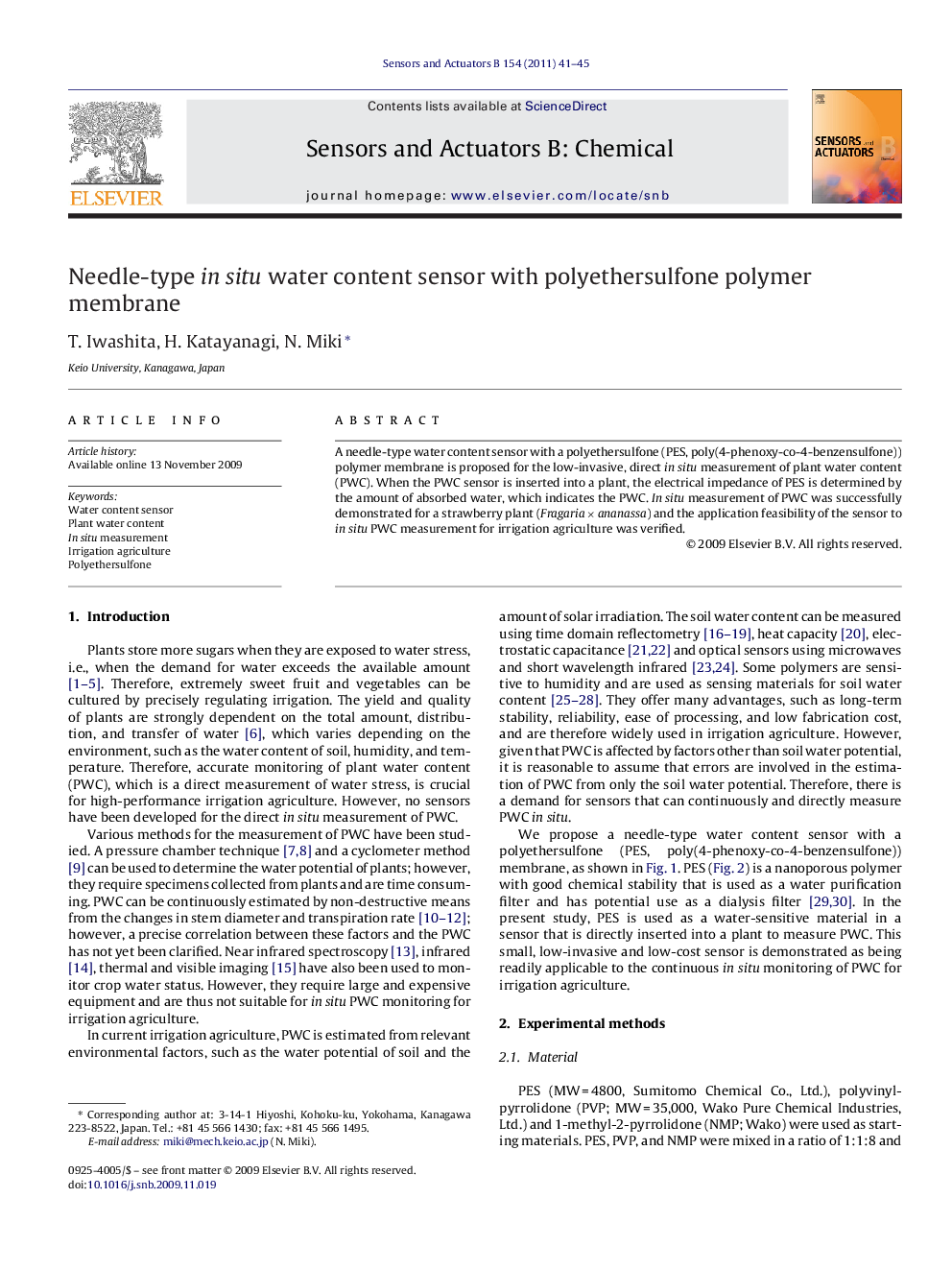 Needle-type in situ water content sensor with polyethersulfone polymer membrane