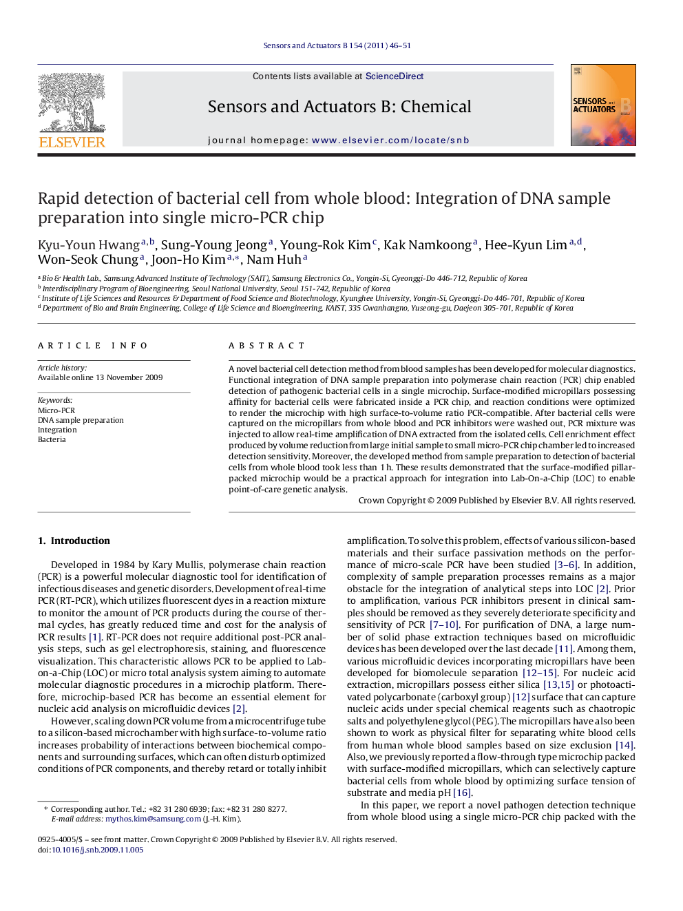 Rapid detection of bacterial cell from whole blood: Integration of DNA sample preparation into single micro-PCR chip