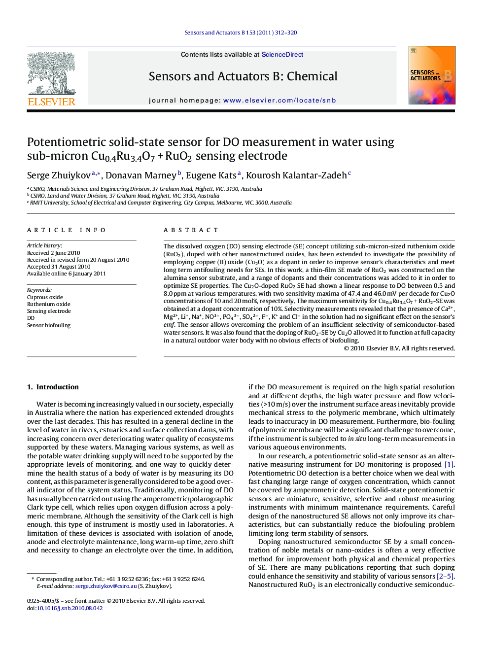 Potentiometric solid-state sensor for DO measurement in water using sub-micron Cu0.4Ru3.4O7 + RuO2 sensing electrode