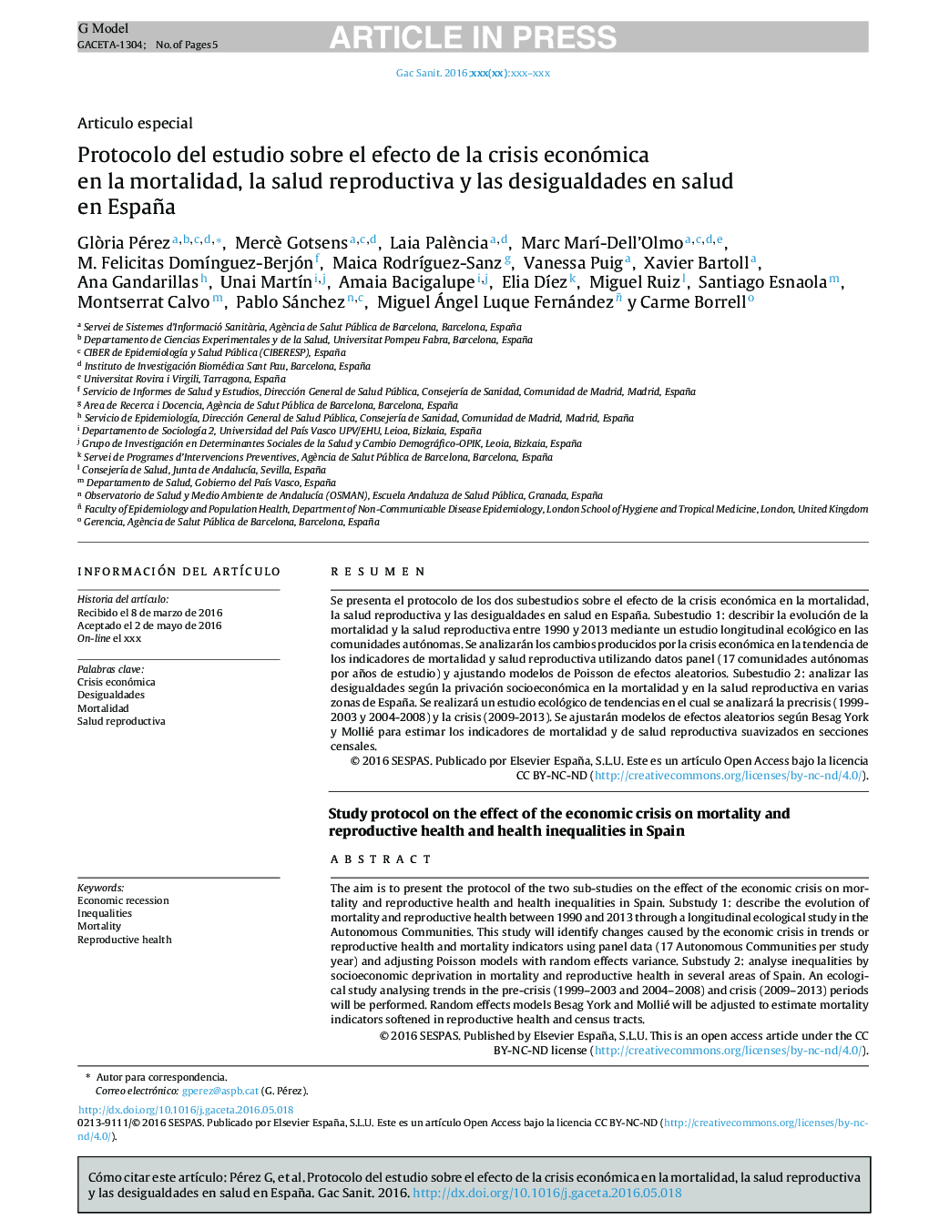 Protocolo del estudio sobre el efecto de la crisis económica en la mortalidad, la salud reproductiva y las desigualdades en salud en España