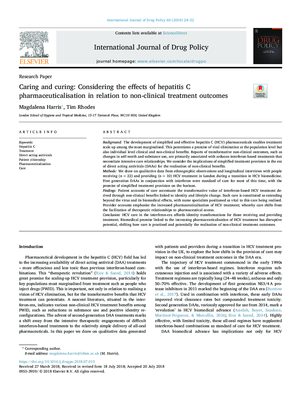 Caring and curing: Considering the effects of hepatitis C pharmaceuticalisation in relation to non-clinical treatment outcomes