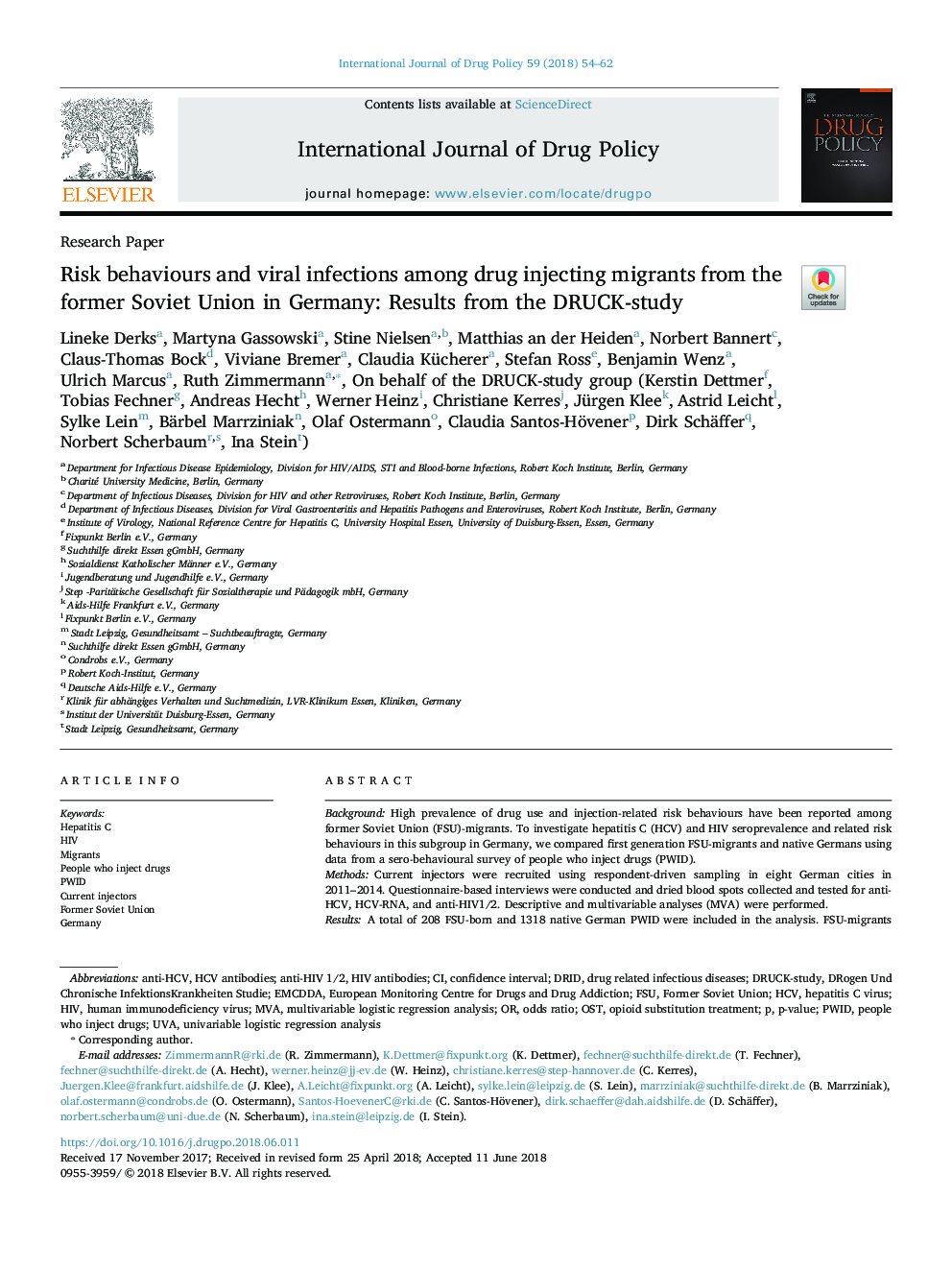 Risk behaviours and viral infections among drug injecting migrants from the former Soviet Union in Germany: Results from the DRUCK-study