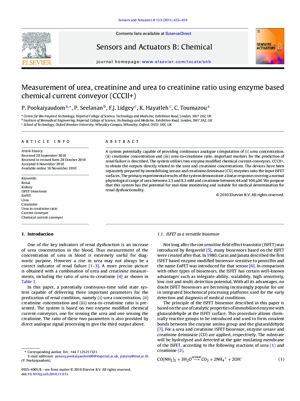 Measurement of urea, creatinine and urea to creatinine ratio using enzyme based chemical current conveyor (CCCII+)