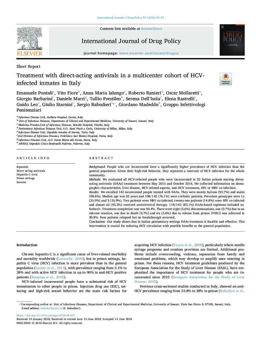 Treatment with direct-acting antivirals in a multicenter cohort of HCV-infected inmates in Italy