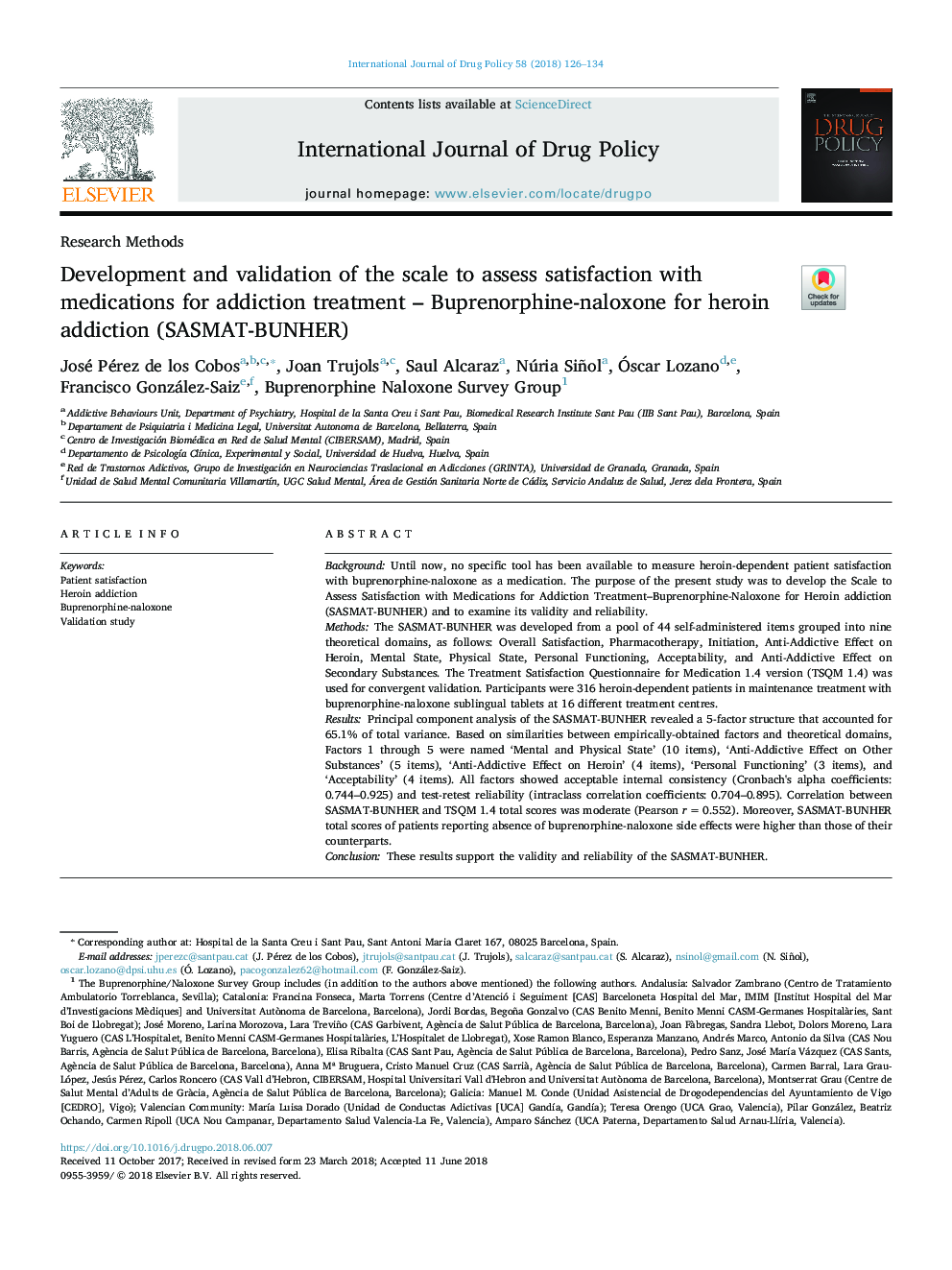Development and validation of the scale to assess satisfaction with medications for addiction treatment - Buprenorphine-naloxone for heroin addiction (SASMAT-BUNHER)