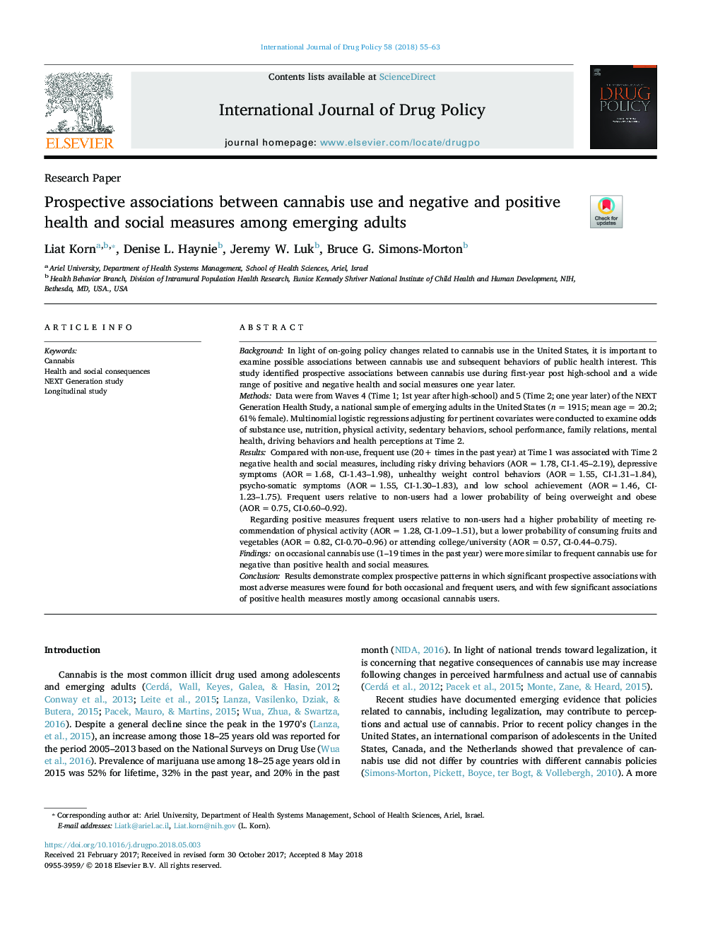 Prospective associations between cannabis use and negative and positive health and social measures among emerging adults