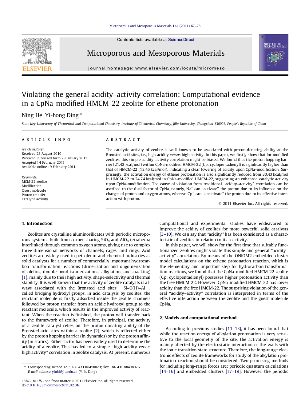 Violating the general acidity–activity correlation: Computational evidence in a CpNa-modified HMCM-22 zeolite for ethene protonation