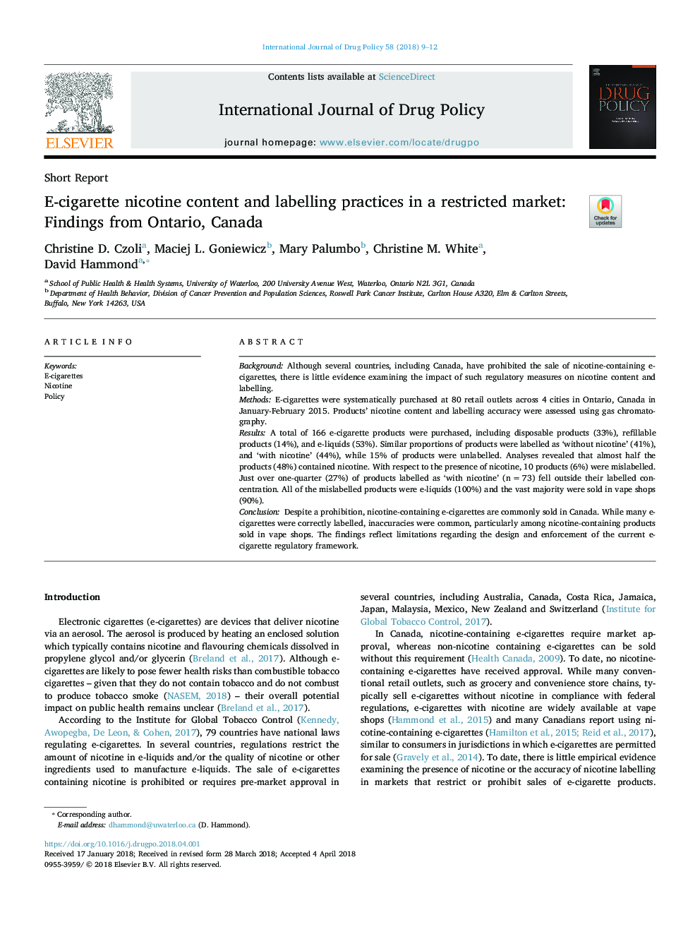 E-cigarette nicotine content and labelling practices in a restricted market: Findings from Ontario, Canada