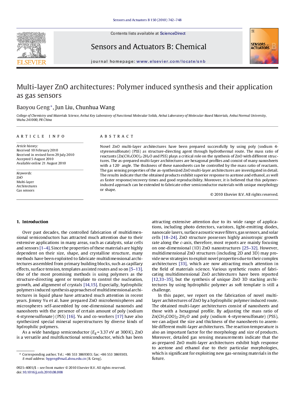 Multi-layer ZnO architectures: Polymer induced synthesis and their application as gas sensors