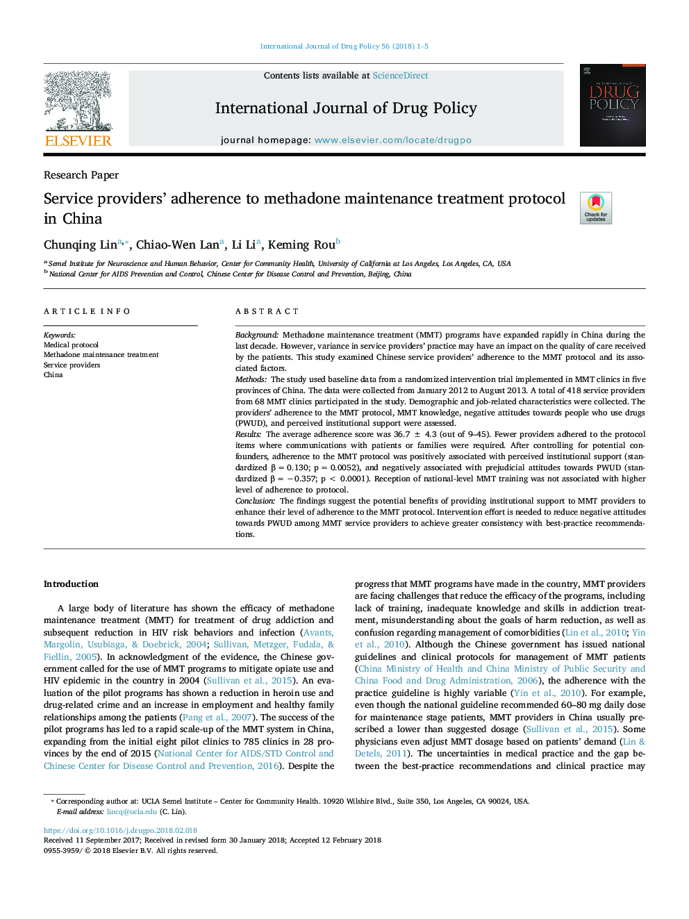 Service providers' adherence to methadone maintenance treatment protocol in China