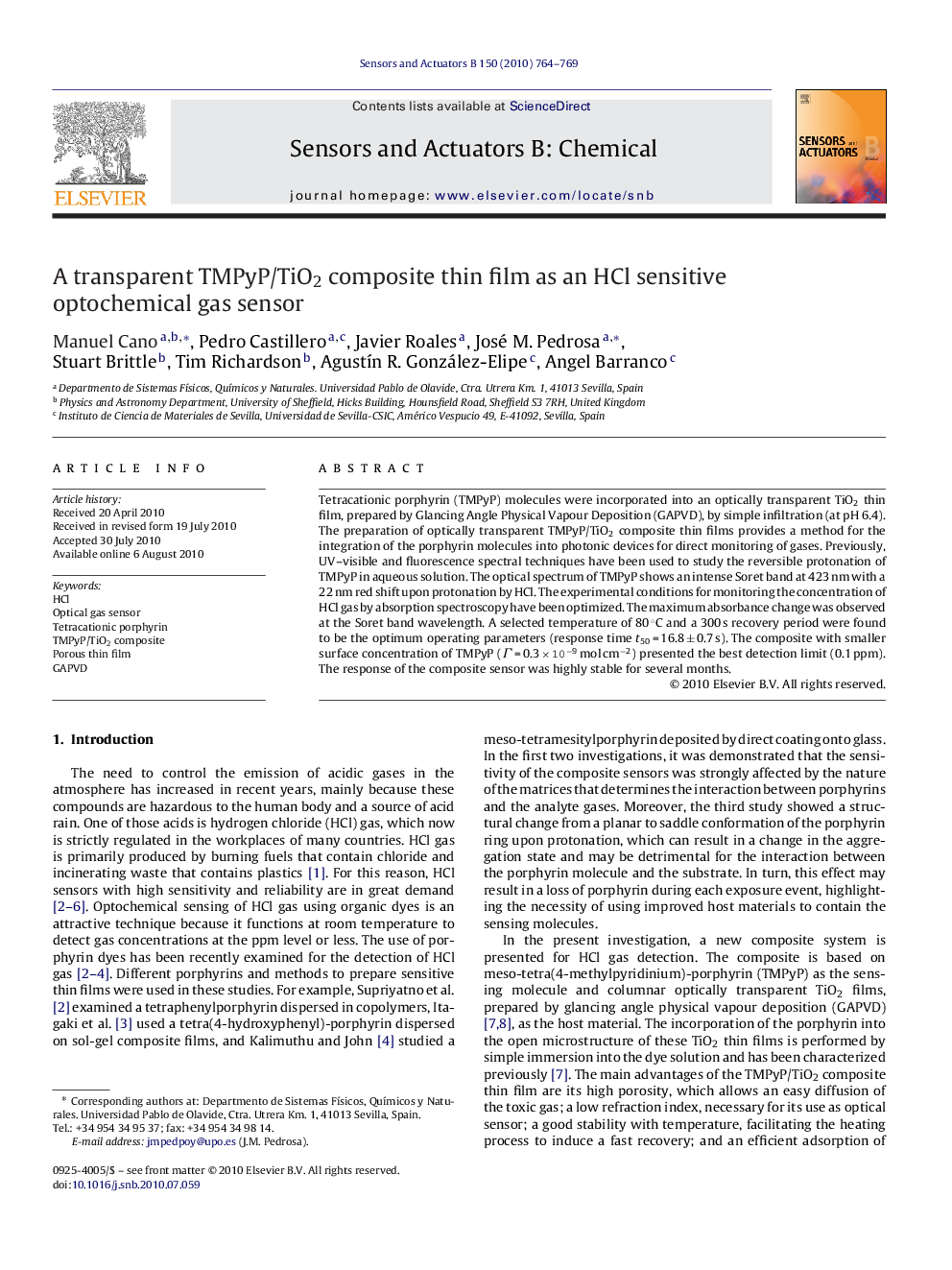 A transparent TMPyP/TiO2 composite thin film as an HCl sensitive optochemical gas sensor