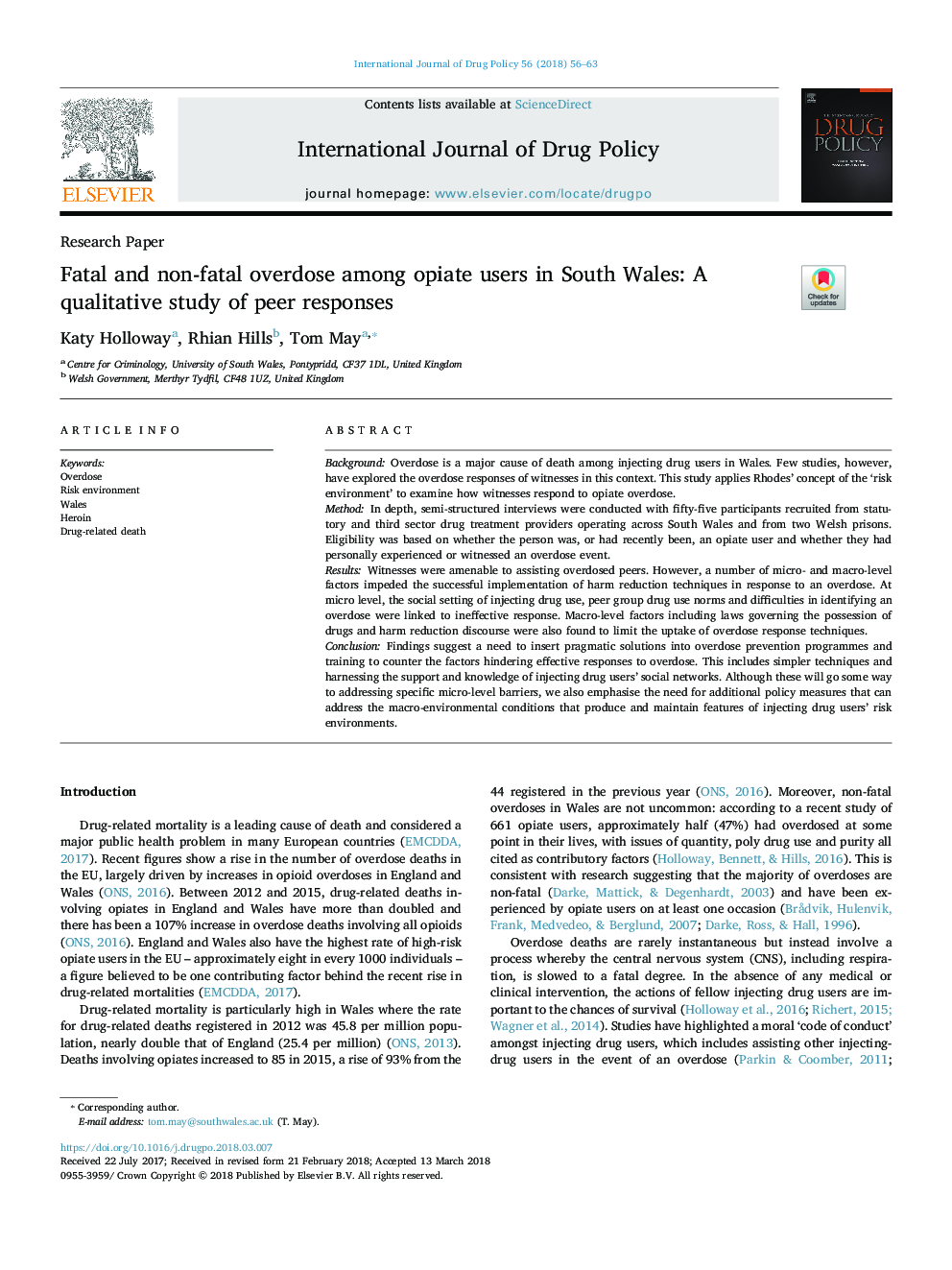 Fatal and non-fatal overdose among opiate users in South Wales: A qualitative study of peer responses