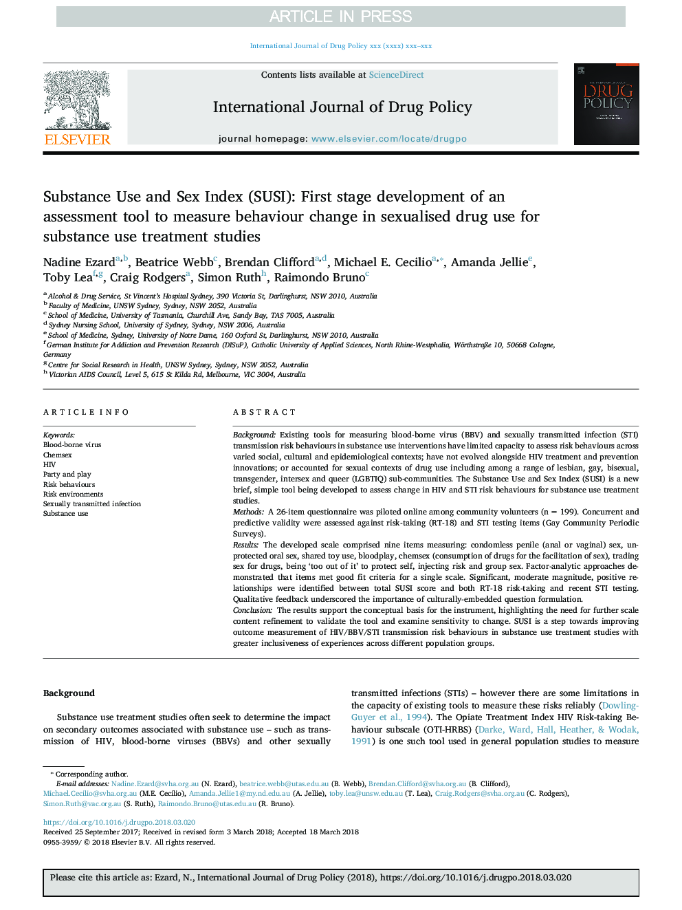 Substance Use and Sex Index (SUSI): First stage development of an assessment tool to measure behaviour change in sexualised drug use for substance use treatment studies