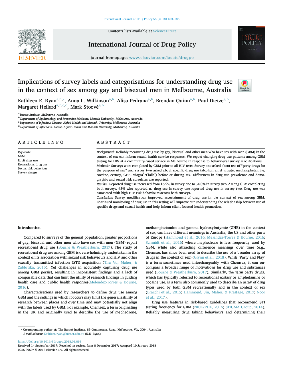 Implications of survey labels and categorisations for understanding drug use in the context of sex among gay and bisexual men in Melbourne, Australia