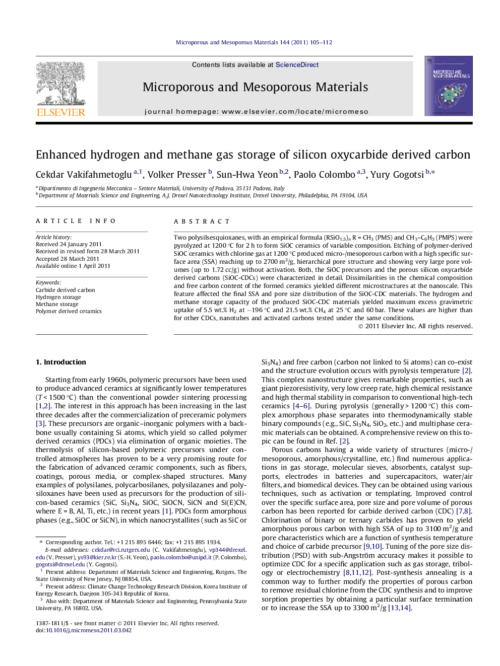 Enhanced hydrogen and methane gas storage of silicon oxycarbide derived carbon