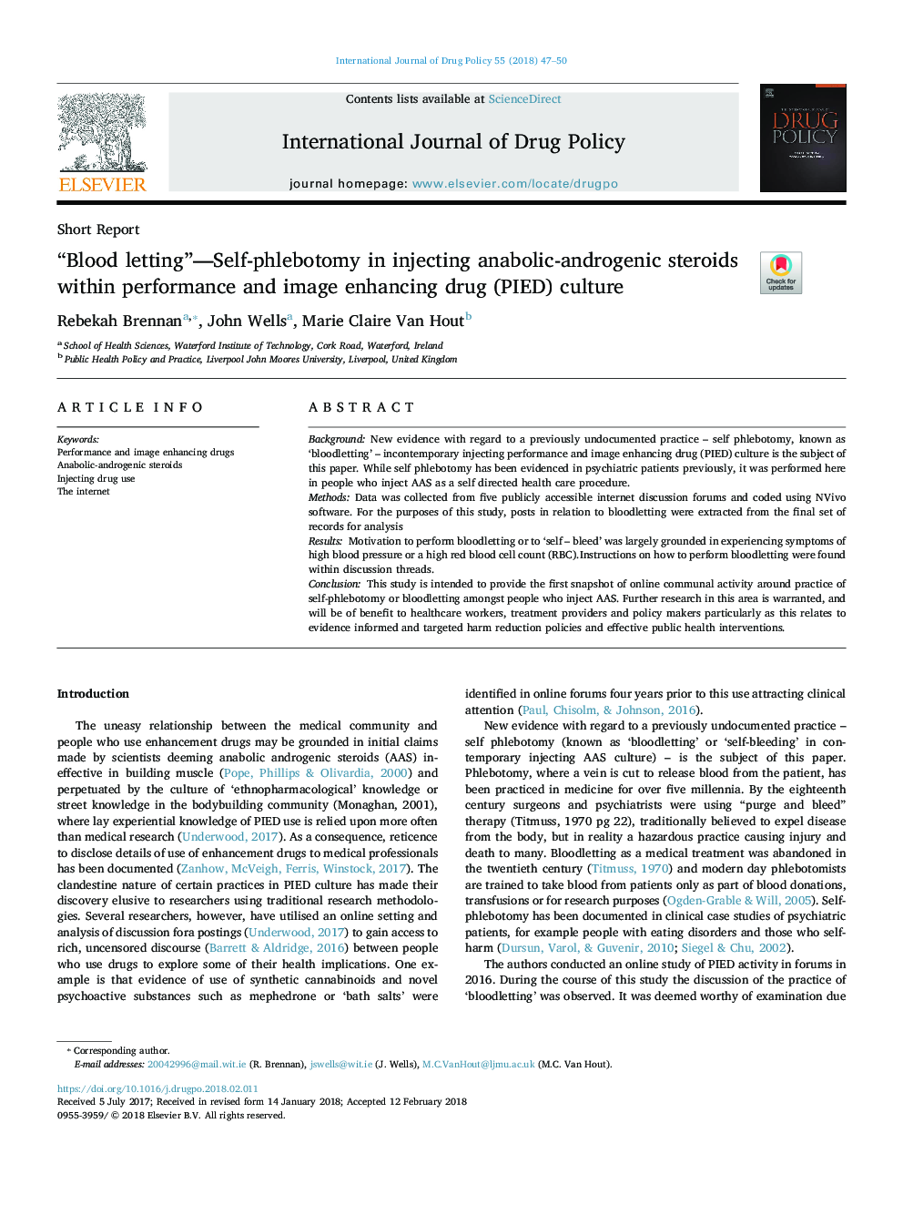 “Blood letting”-Self-phlebotomy in injecting anabolic-androgenic steroids within performance and image enhancing drug (PIED) culture