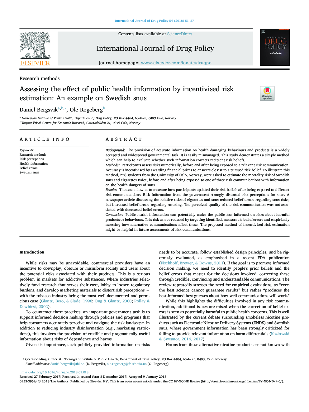 Assessing the effect of public health information by incentivised risk estimation: An example on Swedish snus