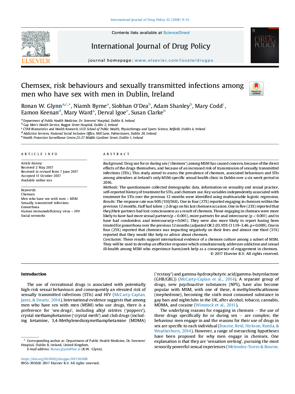 Chemsex, risk behaviours and sexually transmitted infections among men who have sex with men in Dublin, Ireland