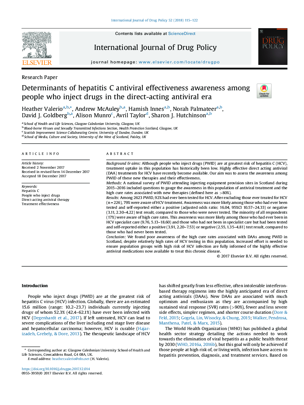 Determinants of hepatitis C antiviral effectiveness awareness among people who inject drugs in the direct-acting antiviral era