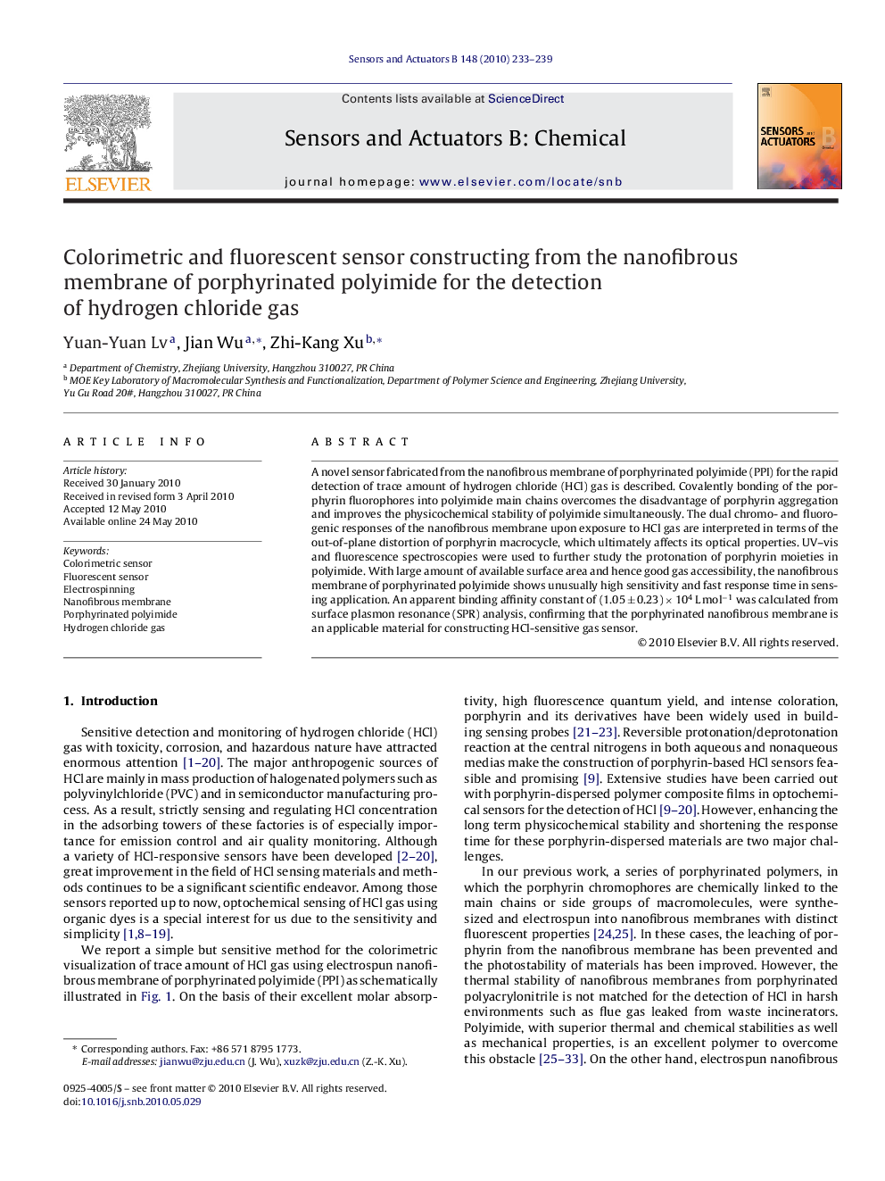 Colorimetric and fluorescent sensor constructing from the nanofibrous membrane of porphyrinated polyimide for the detection of hydrogen chloride gas