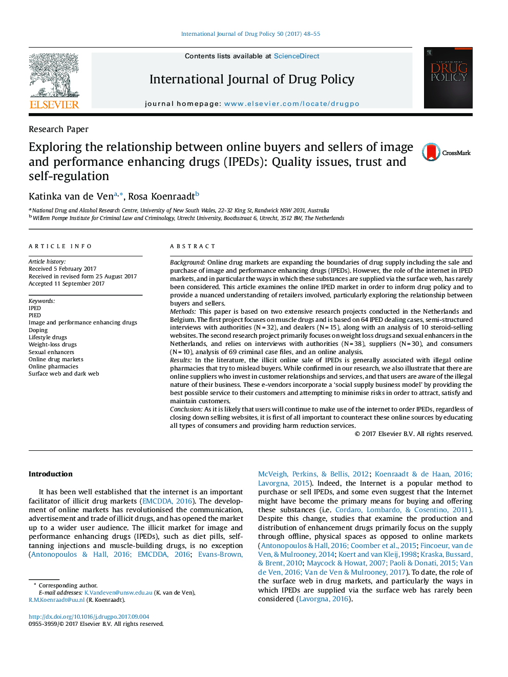 Exploring the relationship between online buyers and sellers of image and performance enhancing drugs (IPEDs): Quality issues, trust and self-regulation