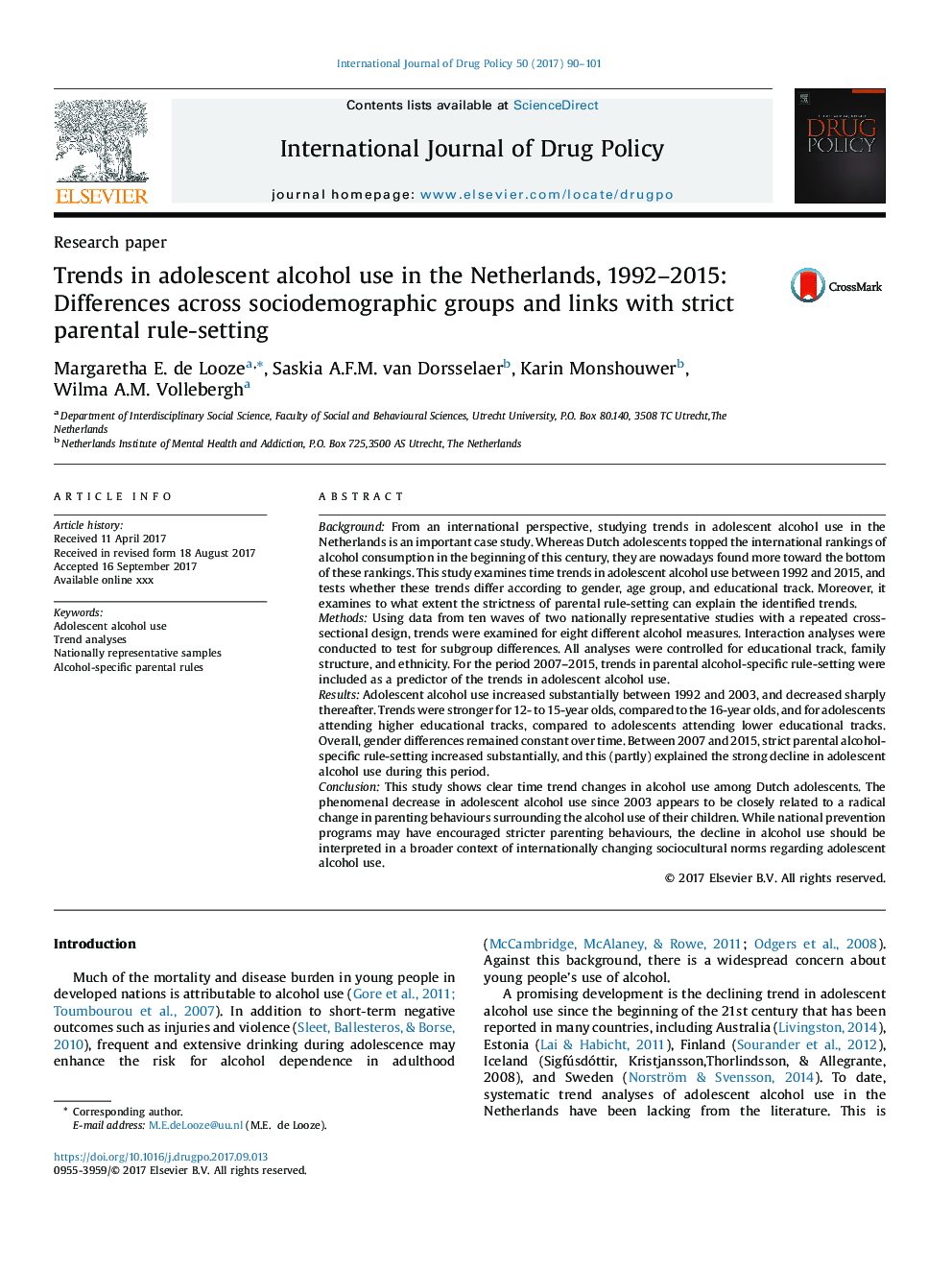 روند رو به رشد مصرف الکل نوجوانان در هلند، 1992-2015: تفاوت در گروه های اجتماعی و ارتباط با قوانین تنظیم والدین 