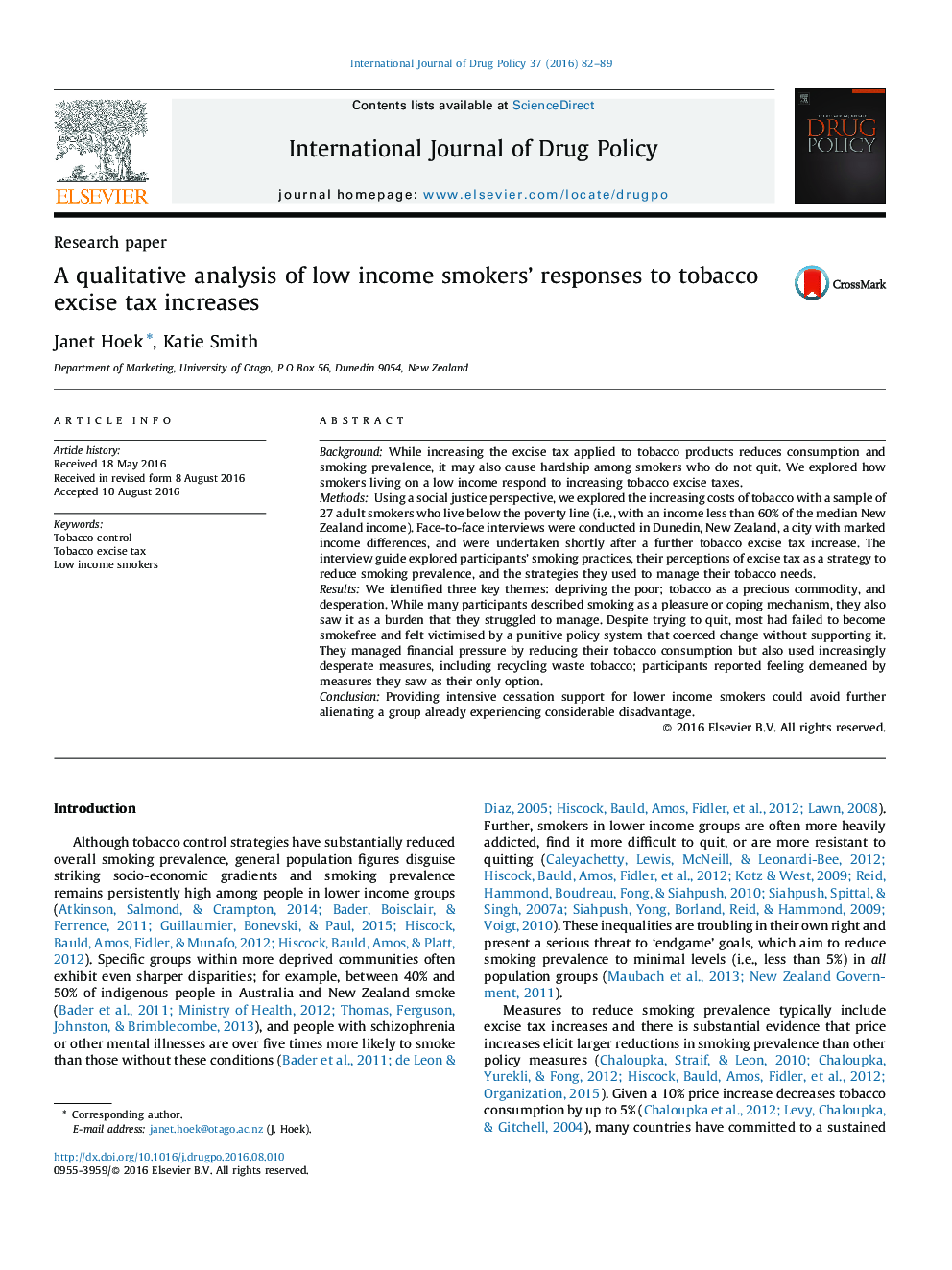 A qualitative analysis of low income smokers' responses to tobacco excise tax increases