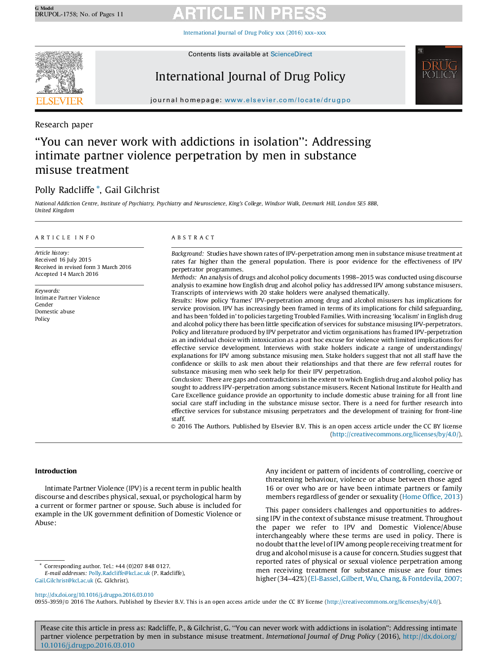 “You can never work with addictions in isolation”: Addressing intimate partner violence perpetration by men in substance misuse treatment