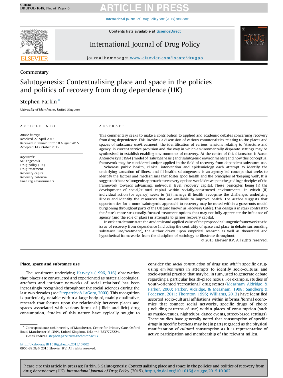 Salutogenesis: Contextualising place and space in the policies and politics of recovery from drug dependence