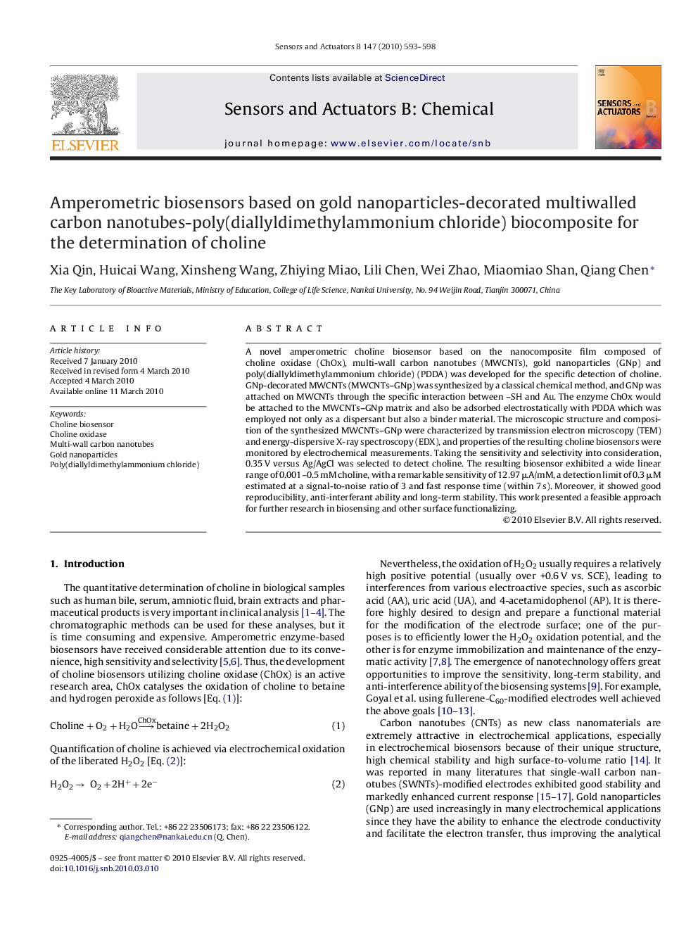 Amperometric biosensors based on gold nanoparticles-decorated multiwalled carbon nanotubes-poly(diallyldimethylammonium chloride) biocomposite for the determination of choline