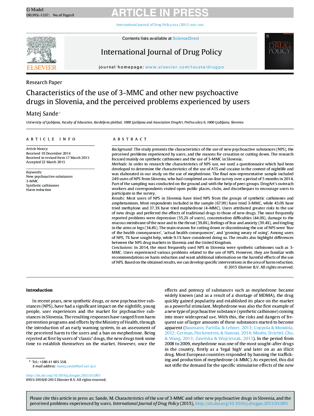 Characteristics of the use of 3-MMC and other new psychoactive drugs in Slovenia, and the perceived problems experienced by users