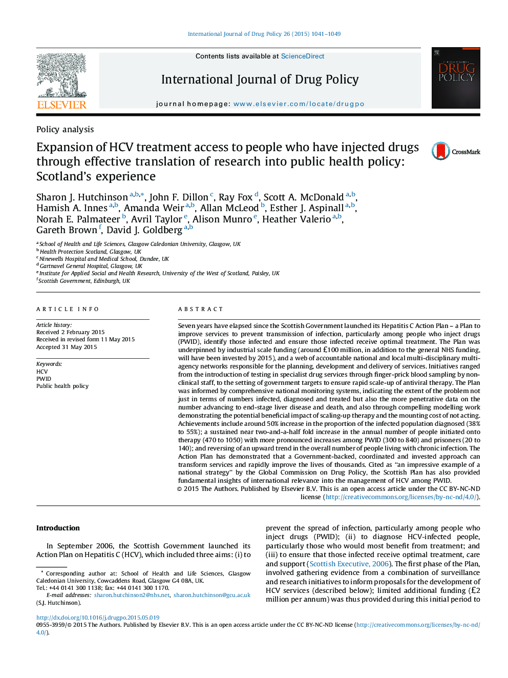 Expansion of HCV treatment access to people who have injected drugs through effective translation of research into public health policy: Scotland's experience