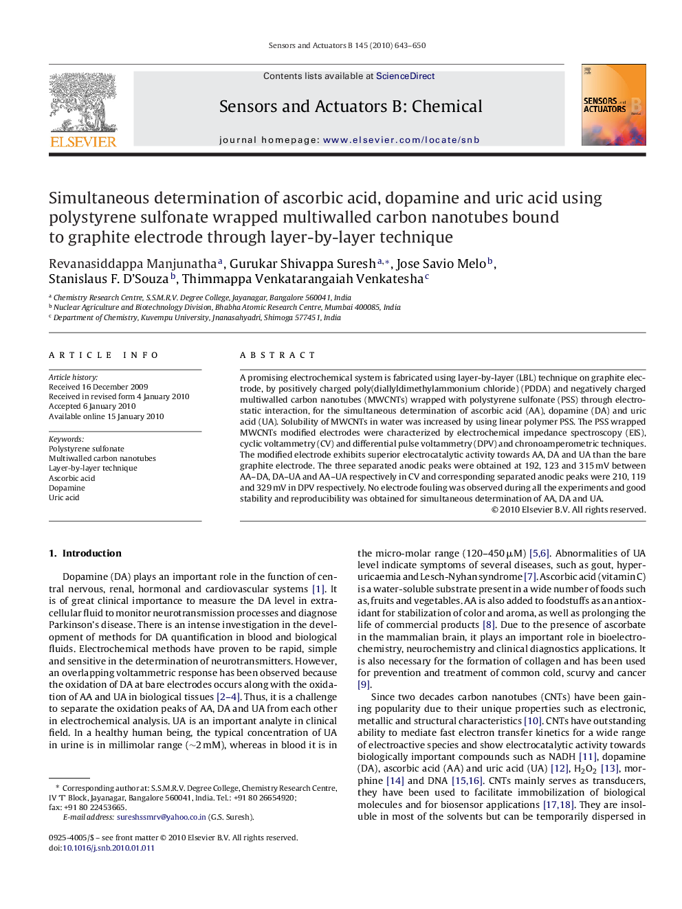 Simultaneous determination of ascorbic acid, dopamine and uric acid using polystyrene sulfonate wrapped multiwalled carbon nanotubes bound to graphite electrode through layer-by-layer technique