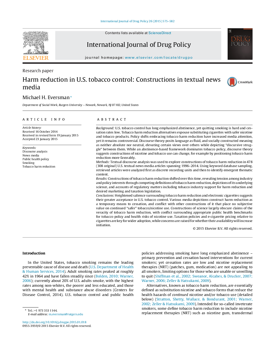 Harm reduction in U.S. tobacco control: Constructions in textual news media