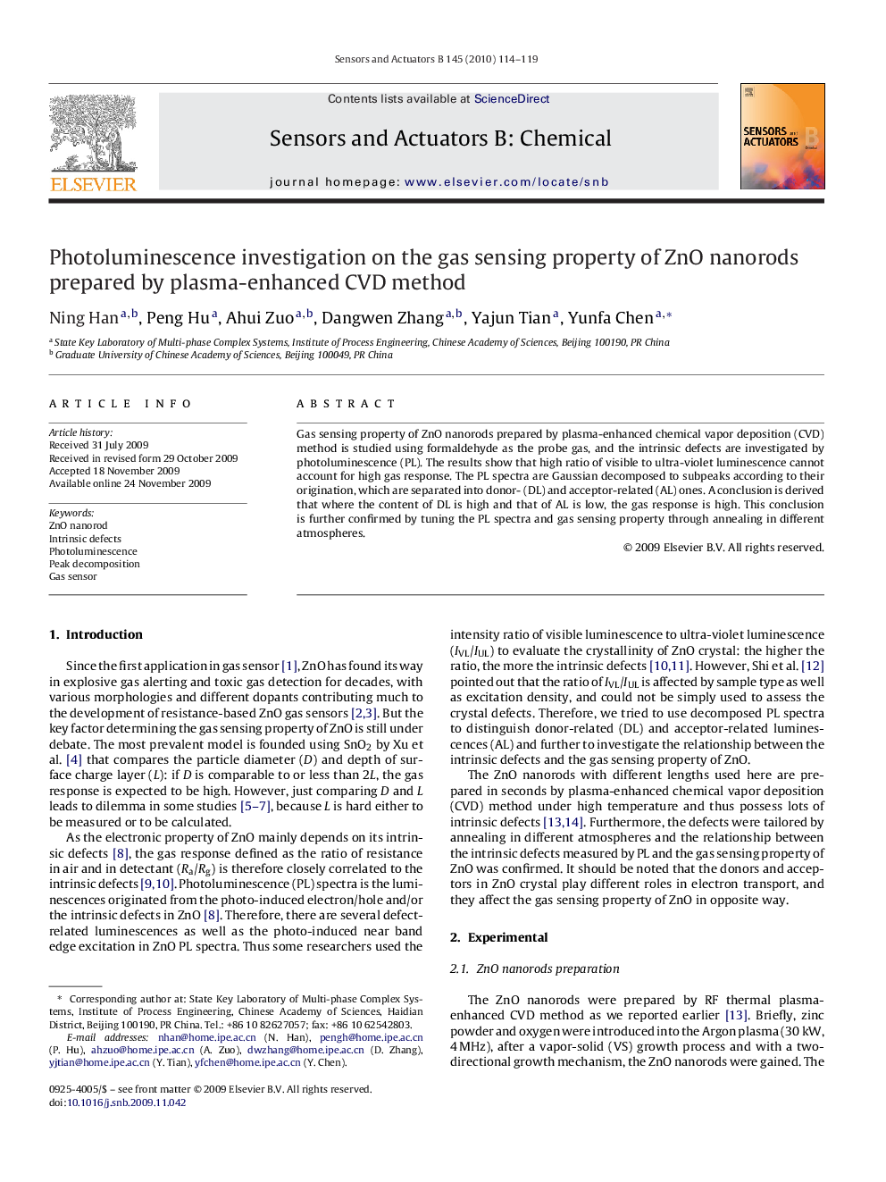 Photoluminescence investigation on the gas sensing property of ZnO nanorods prepared by plasma-enhanced CVD method