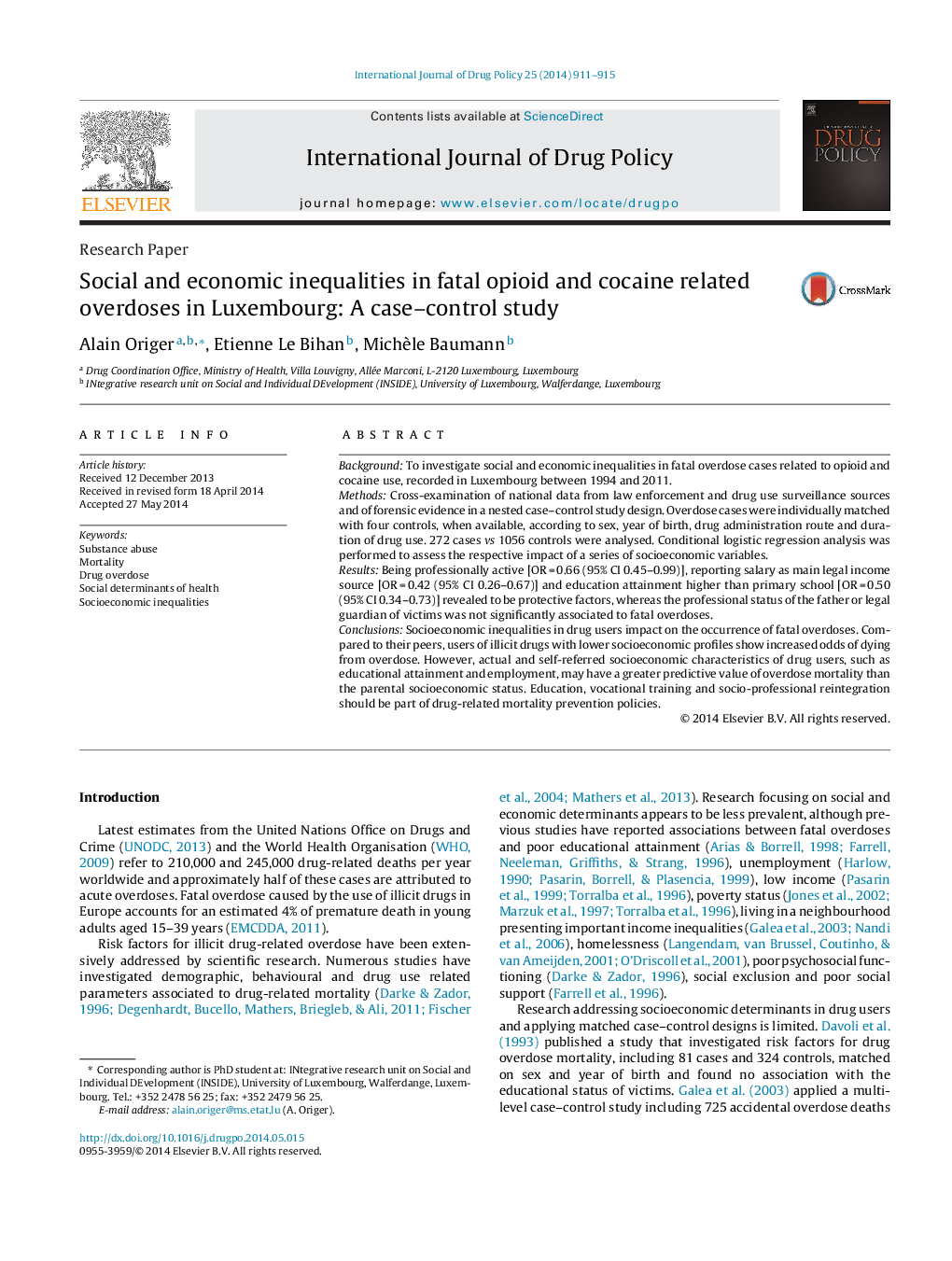 Social and economic inequalities in fatal opioid and cocaine related overdoses in Luxembourg: A case-control study