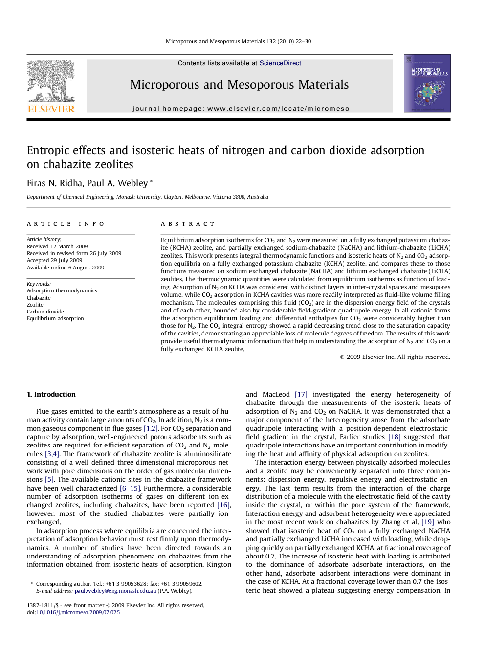 Entropic effects and isosteric heats of nitrogen and carbon dioxide adsorption on chabazite zeolites