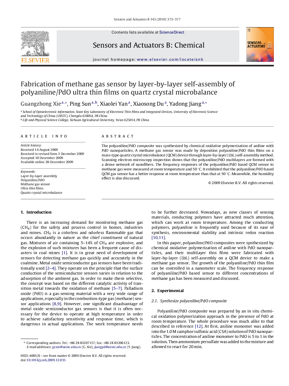 Fabrication of methane gas sensor by layer-by-layer self-assembly of polyaniline/PdO ultra thin films on quartz crystal microbalance