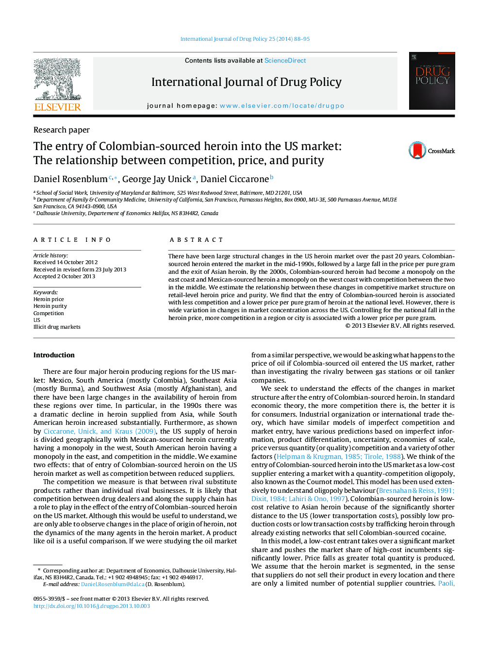 The entry of Colombian-sourced heroin into the US market: The relationship between competition, price, and purity