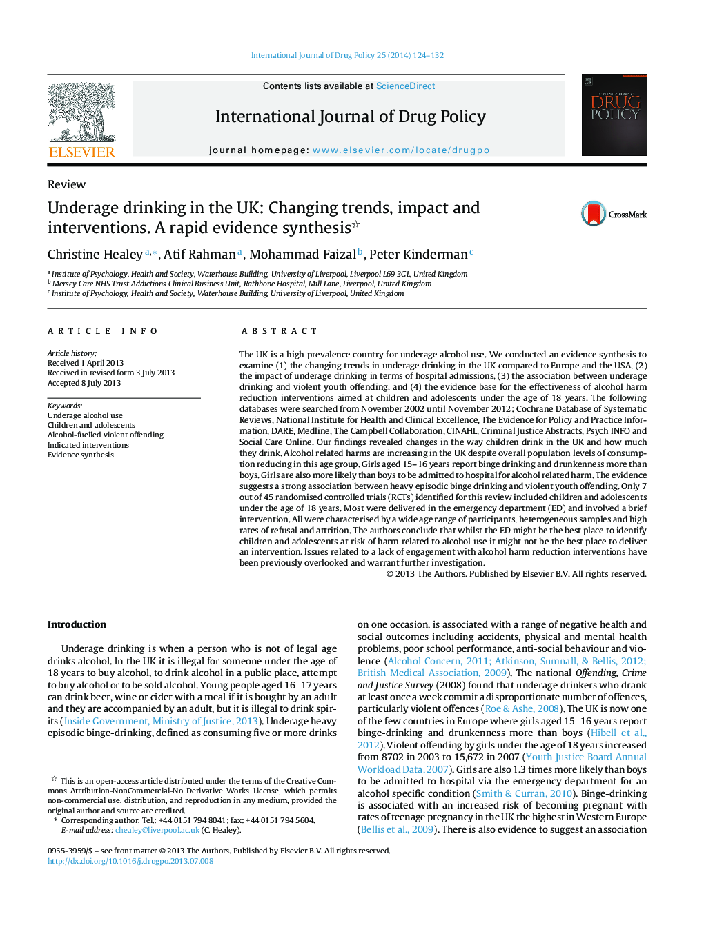 Underage drinking in the UK: Changing trends, impact and interventions. A rapid evidence synthesis