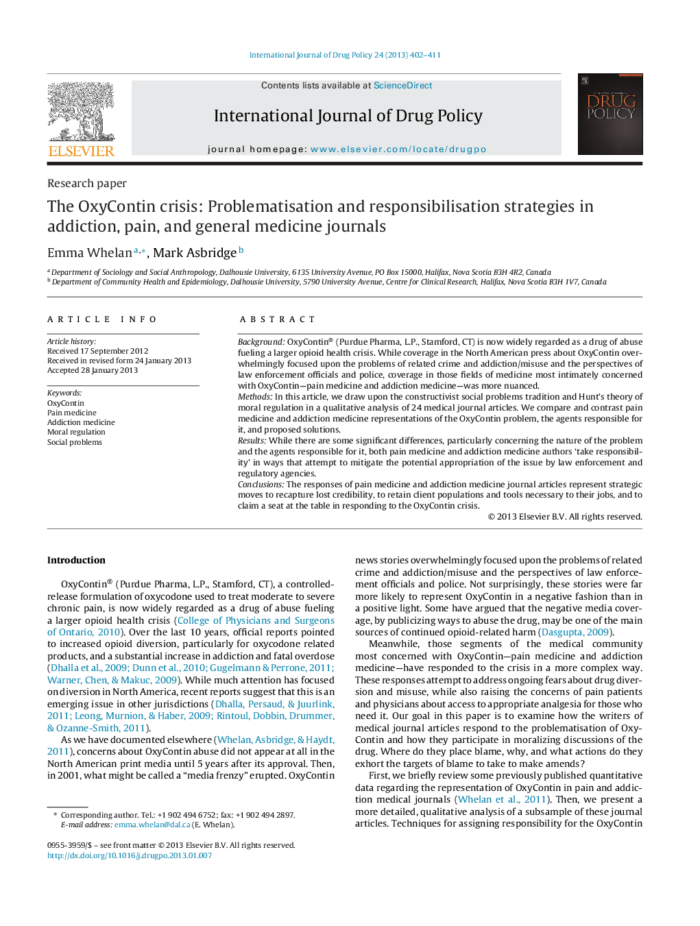 The OxyContin crisis: Problematisation and responsibilisation strategies in addiction, pain, and general medicine journals