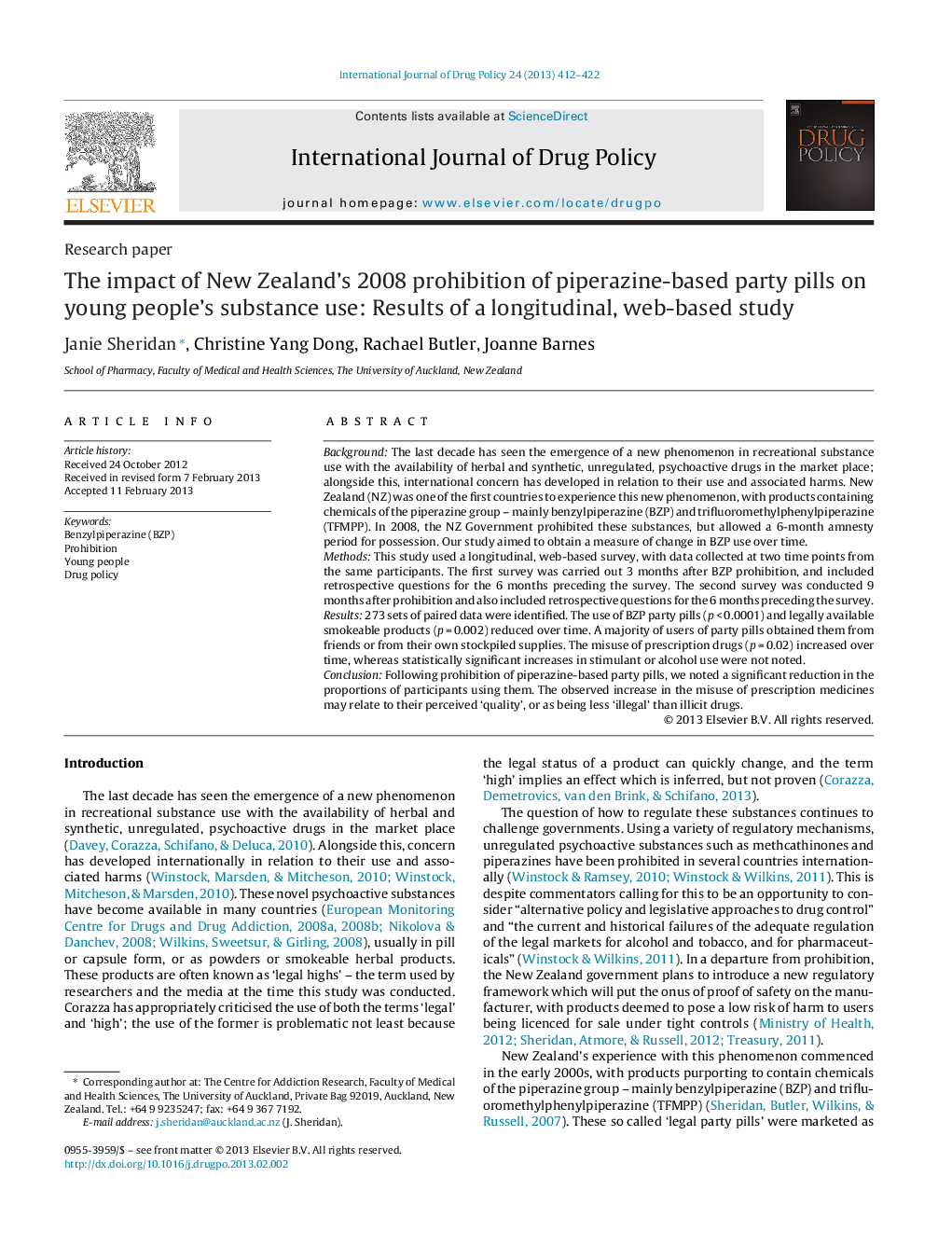 The impact of New Zealand's 2008 prohibition of piperazine-based party pills on young people's substance use: Results of a longitudinal, web-based study