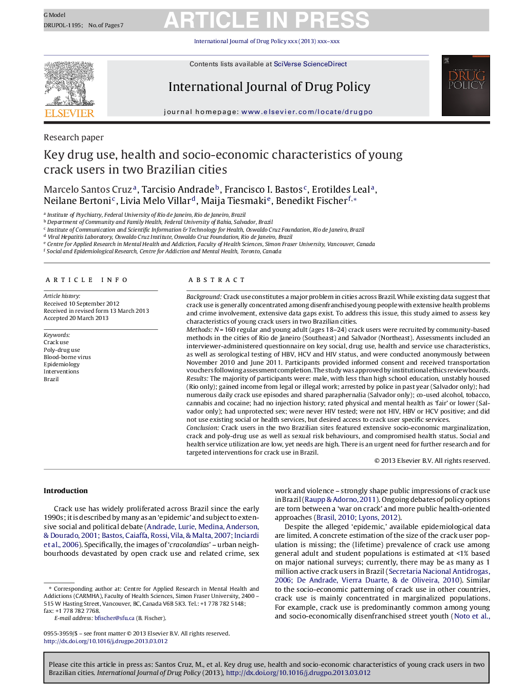 Key drug use, health and socio-economic characteristics of young crack users in two Brazilian cities