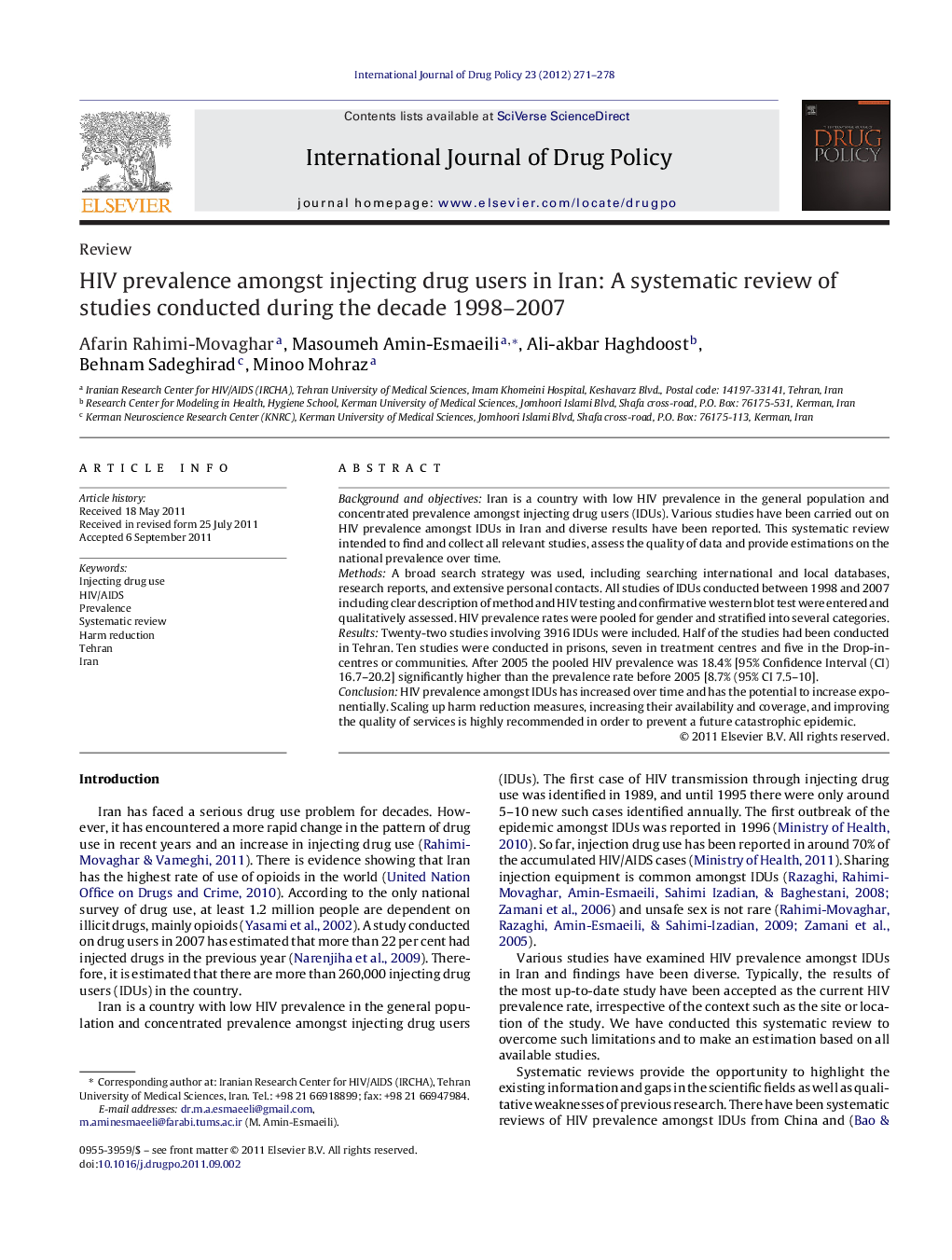 HIV prevalence amongst injecting drug users in Iran: A systematic review of studies conducted during the decade 1998-2007