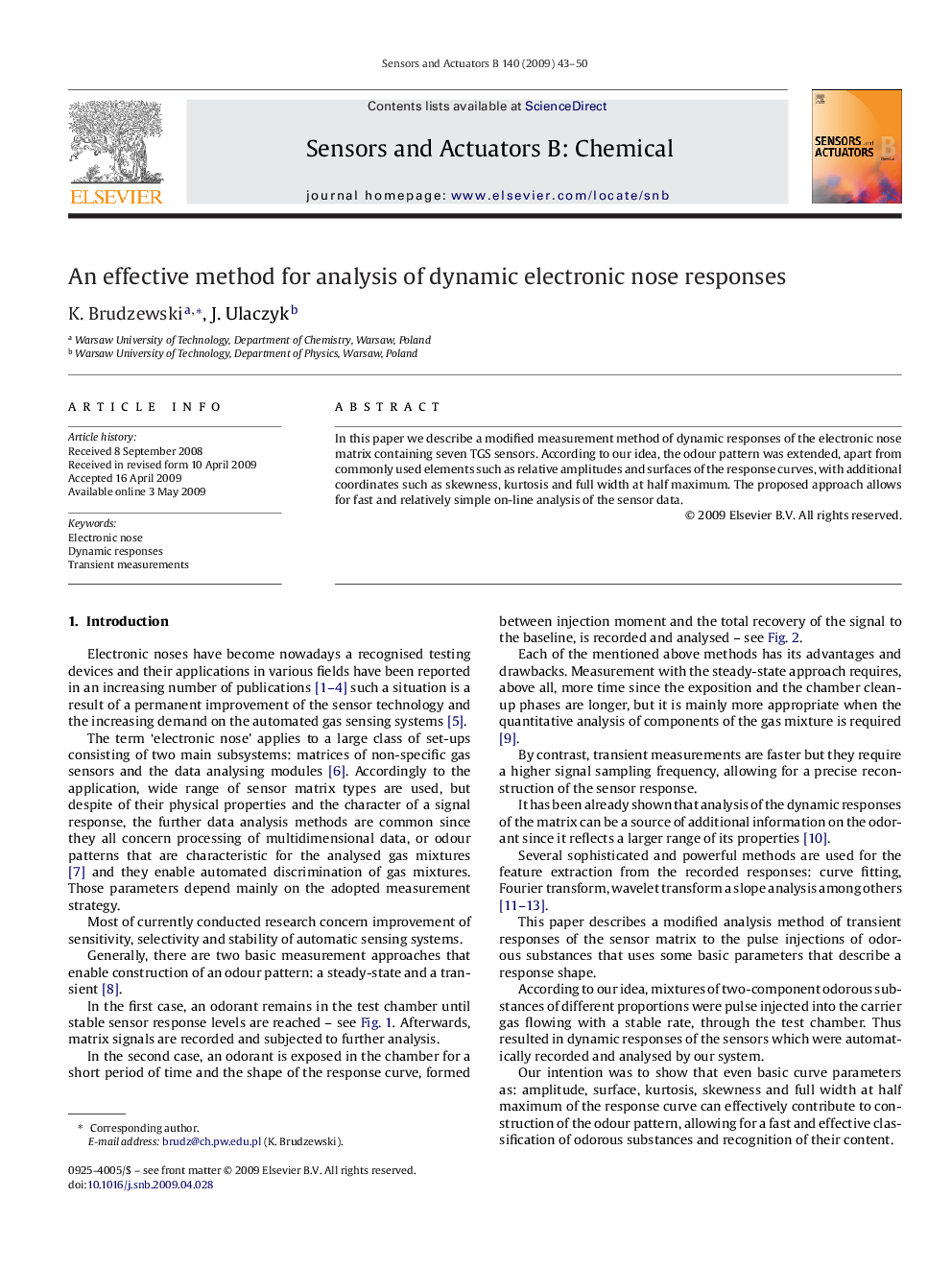 An effective method for analysis of dynamic electronic nose responses